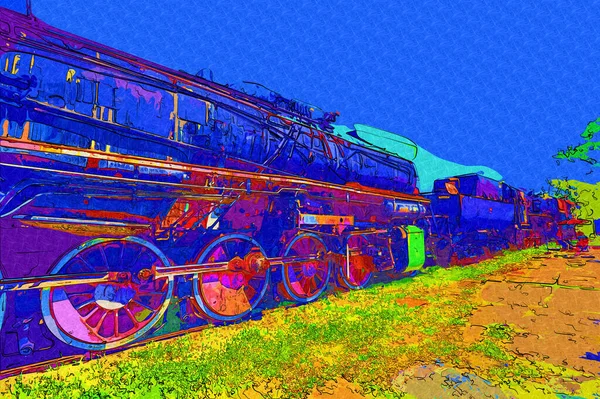 01Locomotiva Vapor Atravessa Deserto Arte Ilustração Puxando Esboço Antiguidade Retro — Fotografia de Stock