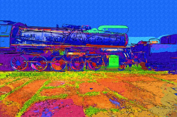 01Locomotiva Vapor Atravessa Deserto Arte Ilustração Puxando Esboço Antiguidade Retro — Fotografia de Stock