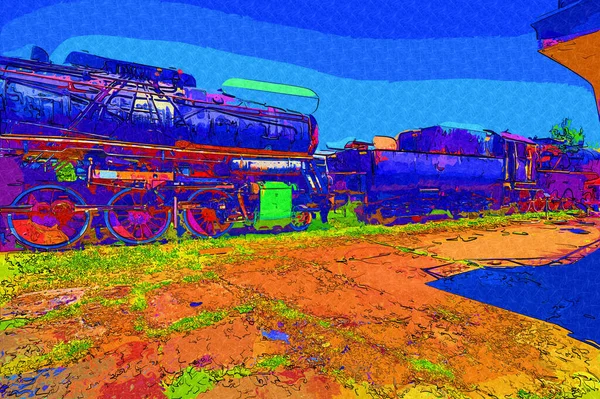 01Locomotiva Vapor Atravessa Deserto Arte Ilustração Puxando Esboço Antiguidade Retro — Fotografia de Stock