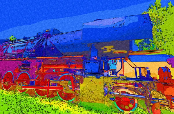 01Locomotiva Vapor Atravessa Deserto Arte Ilustração Puxando Esboço Antiguidade Retro — Fotografia de Stock