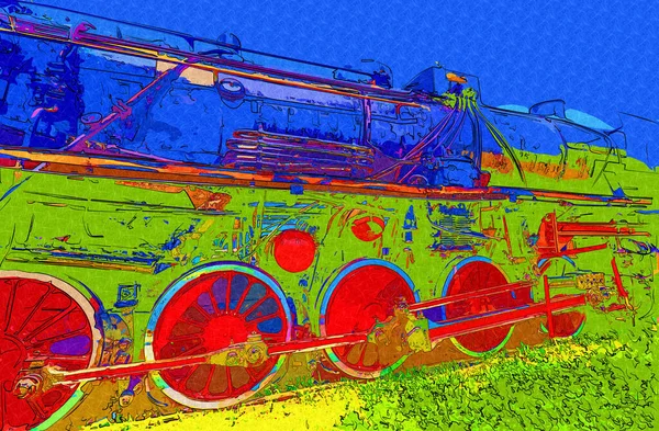01Ατμομηχανή Οδηγεί Μέσα Από Την Έρημο Τέχνη Εικονογράφηση Σχέδιο Σκίτσο — Φωτογραφία Αρχείου