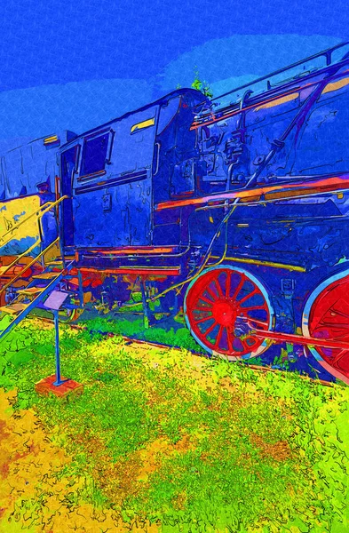 01砂漠を走る蒸気機関車 アート イラスト ドローイング スケッチ アンティーク レトロ ヴィンテージ — ストック写真