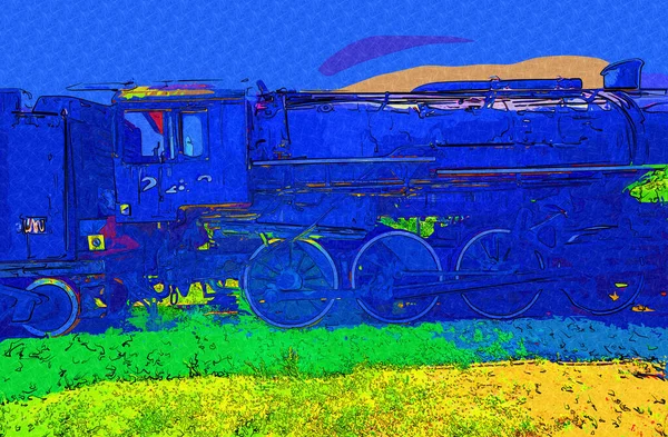 01Steam Locomotive Drives Desert Art Illustration Drawing Sketch Antique Retro — Stock Photo, Image