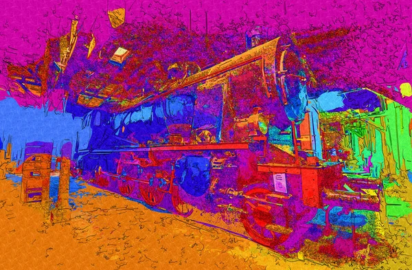 01Ατμομηχανή Οδηγεί Μέσα Από Την Έρημο Τέχνη Εικονογράφηση Σχέδιο Σκίτσο — Φωτογραφία Αρχείου