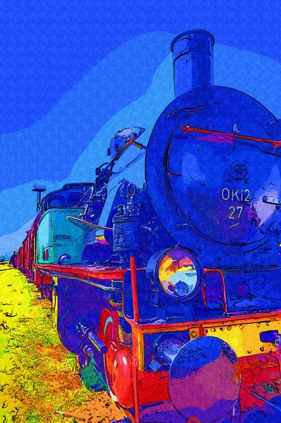 Detalhe Locomotiva Vapor Com Manivelas Rodas Arte Ilustração Desenho Esboço — Fotografia de Stock