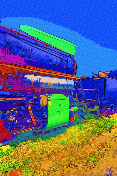 Dettaglio Locomotiva Vapore Con Manovelle Ruote Arte Illustrazione Disegno Schizzo — Foto Stock