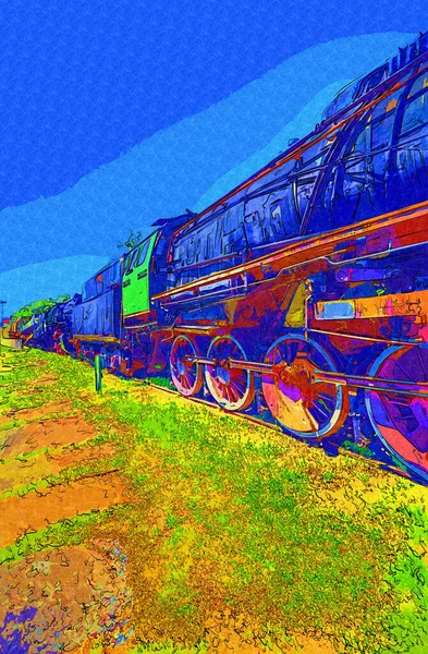 Dettaglio Locomotiva Vapore Con Manovelle Ruote Arte Illustrazione Disegno Schizzo — Foto Stock