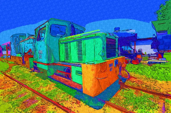 Vecchio Motore Ferroviario Scartamento Ridotto Arte Illustrazione Disegno Schizzo Antico — Foto Stock