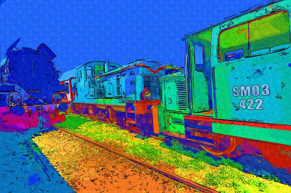 Velho Motor Ferroviário Bitola Estreita Arte Ilustração Puxando Esboço Antiguidade — Fotografia de Stock