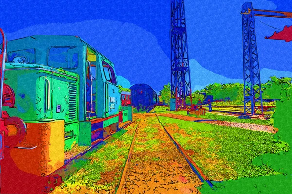 เคร องยนต รถไฟเกจแคบเก ลปะ ภาพวาด ภาพวาด สเก โบราณ อนย นเทจ — ภาพถ่ายสต็อก