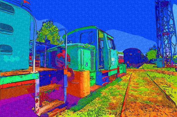 Vecchio Motore Ferroviario Scartamento Ridotto Arte Illustrazione Disegno Schizzo Antico — Foto Stock