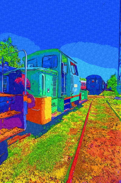 Vecchio Motore Ferroviario Scartamento Ridotto Arte Illustrazione Disegno Schizzo Antico — Foto Stock