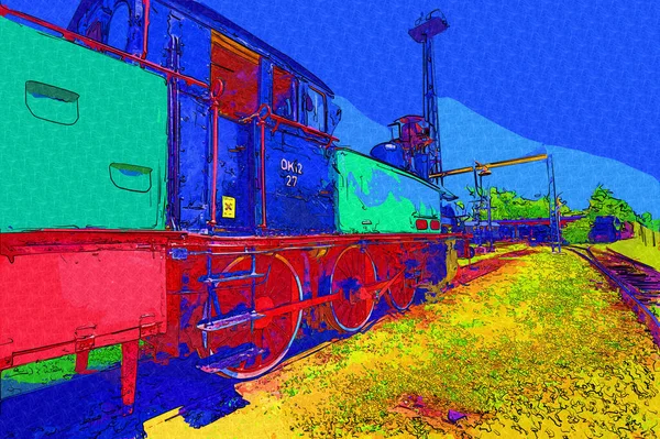 Régi Keskeny Nyomtávú Vasúti Motor Művészet Illusztráció Rajz Vázlat Antik — Stock Fotó