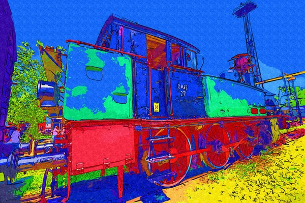 Antiguo Motor Ferroviario Vía Estrecha Arte Ilustración Dibujo Boceto Antiguo — Foto de Stock