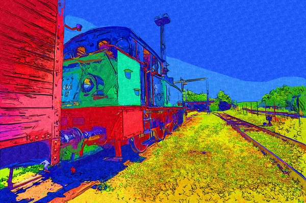 Velho Motor Ferroviário Bitola Estreita Arte Ilustração Puxando Esboço Antiguidade — Fotografia de Stock