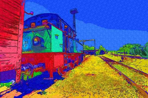 Παλιά Στενό Περιτύπωμα Σιδηροδρομικής Μηχανής Τέχνη Εικονογράφηση Σχέδιο Σκίτσο Αντίκες — Φωτογραφία Αρχείου