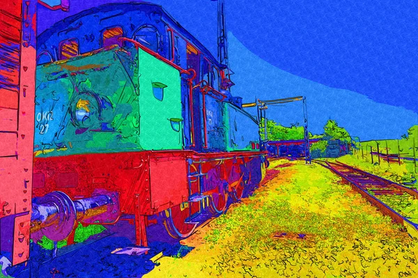 古い狭軌鉄道エンジン アート イラスト スケッチ アンティーク レトロ ヴィンテージ — ストック写真