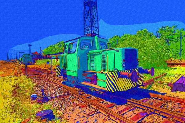 Starý Úzkokolejný Železniční Motor Umění Ilustrace Kresba Skica Starožitnost Retro — Stock fotografie