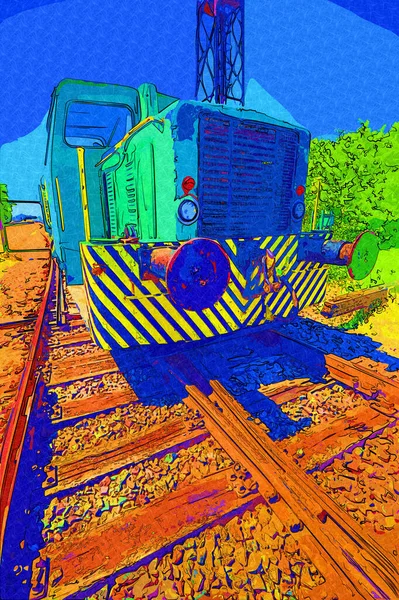 Velho Motor Ferroviário Bitola Estreita Arte Ilustração Puxando Esboço Antiguidade — Fotografia de Stock