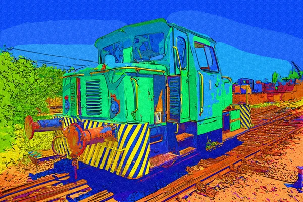 Velho Motor Ferroviário Bitola Estreita Arte Ilustração Puxando Esboço Antiguidade — Fotografia de Stock