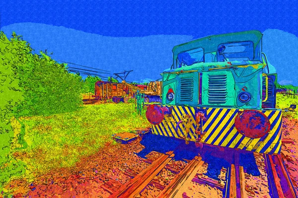 Velho Motor Ferroviário Bitola Estreita Arte Ilustração Puxando Esboço Antiguidade — Fotografia de Stock