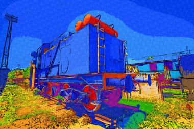 Eski dar ölçü demiryolu motoru, sanat, illüstrasyon, çizim, eskiz, antika, antika, antika.