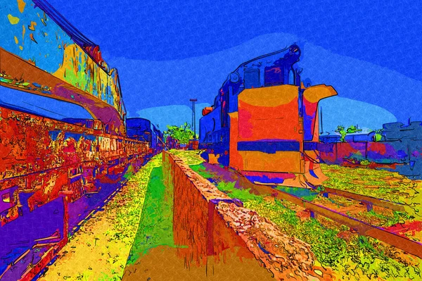 Vecchio Motore Ferroviario Scartamento Ridotto Arte Illustrazione Disegno Schizzo Antico — Foto Stock