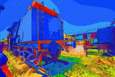 Eski dar ölçü demiryolu motoru, sanat, illüstrasyon, çizim, eskiz, antika, antika, antika.