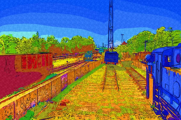 Velho Motor Ferroviário Bitola Estreita Arte Ilustração Puxando Esboço Antiguidade — Fotografia de Stock