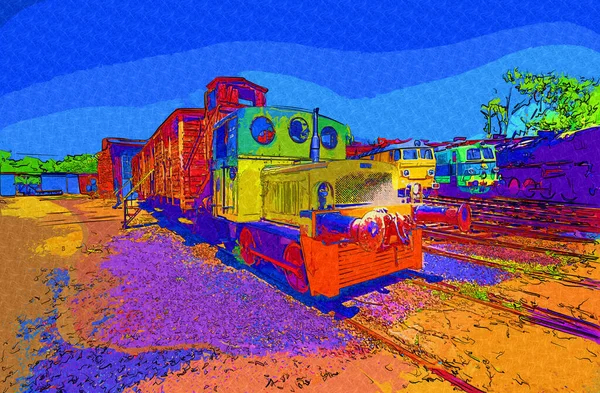 Vecchio Motore Ferroviario Scartamento Ridotto Arte Illustrazione Disegno Schizzo Antico — Foto Stock