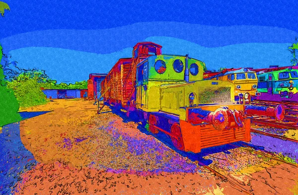 Vecchio Motore Ferroviario Scartamento Ridotto Arte Illustrazione Disegno Schizzo Antico — Foto Stock