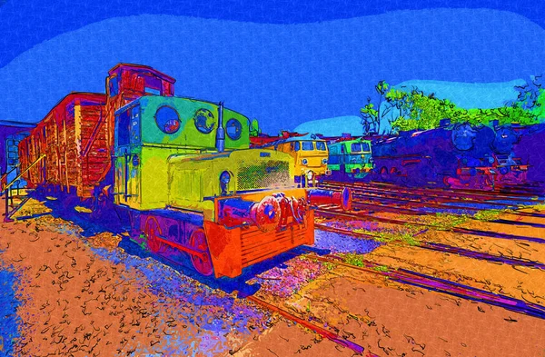 Velho Motor Ferroviário Bitola Estreita Arte Ilustração Puxando Esboço Antiguidade — Fotografia de Stock