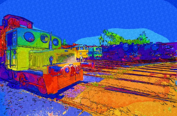 Velho Motor Ferroviário Bitola Estreita Arte Ilustração Puxando Esboço Antiguidade — Fotografia de Stock