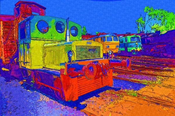 Velho Motor Ferroviário Bitola Estreita Arte Ilustração Puxando Esboço Antiguidade — Fotografia de Stock