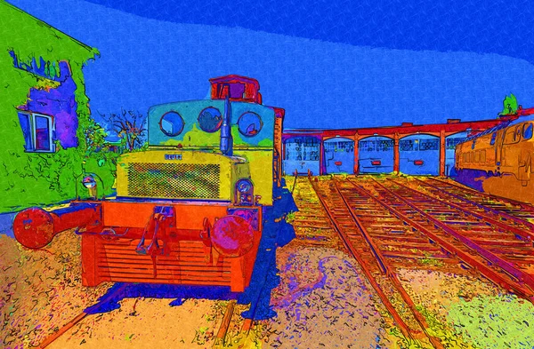 古い狭軌鉄道エンジン アート イラスト スケッチ アンティーク レトロ ヴィンテージ — ストック写真