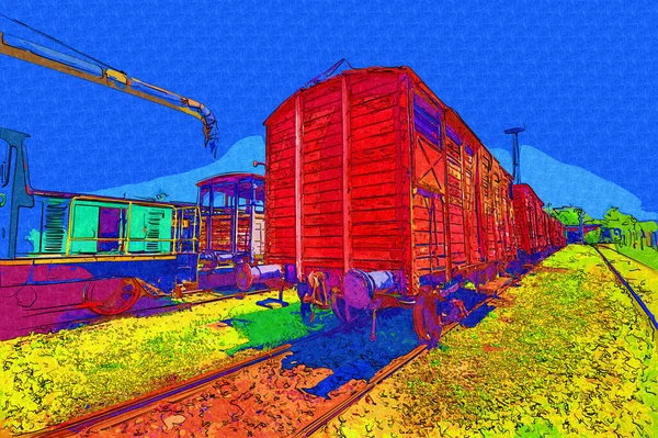 Alter Eisenbahngüterwagen Zug Kunst Illustration Zeichnung Skizze Antik Retro Jahrgang — Stockfoto