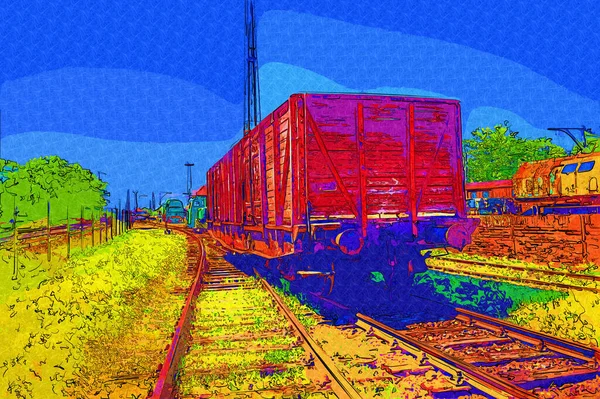 Viejo Vagón Mercancías Ferroviarias Tren Arte Ilustración Dibujo Boceto Antiguo —  Fotos de Stock