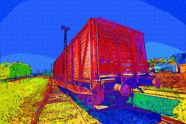 Vecchia Ferrovia Carro Merci Treno Arte Illustrazione Disegno Schizzo Antico — Foto Stock