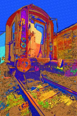 Eski tren vagonu, tren, sanat, illüstrasyon, çizim, eskiz, antika, antika, antika.