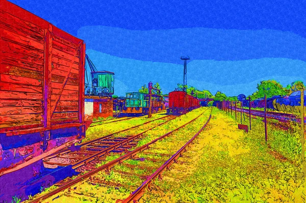 Alter Eisenbahngüterwagen Zug Kunst Illustration Zeichnung Skizze Antik Retro Jahrgang — Stockfoto