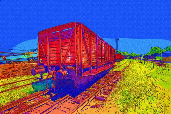 Velho Vagão Transporte Ferroviário Trem Arte Illust Puxando Esboço Antiguidade — Fotografia de Stock