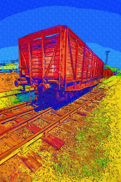 Vecchia Ferrovia Carro Merci Treno Arte Illustrazione Disegno Schizzo Antico — Foto Stock