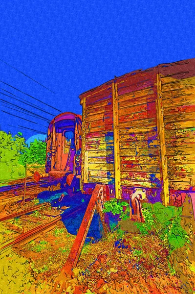 Alter Eisenbahngüterwagen Zug Kunst Illustration Zeichnung Skizze Antik Retro Jahrgang — Stockfoto