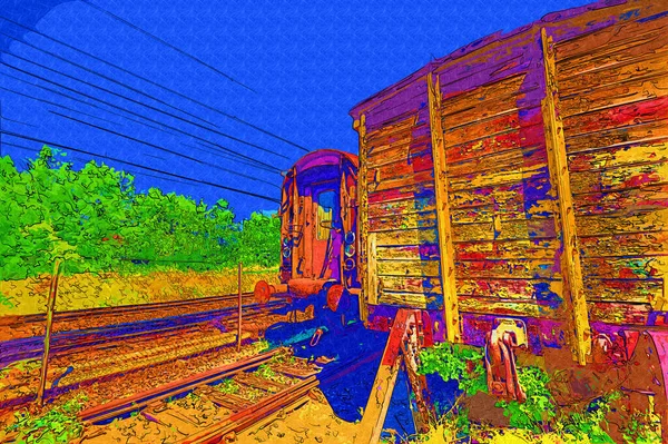 Viejo Vagón Mercancías Ferroviarias Tren Arte Ilustración Dibujo Boceto Antiguo — Foto de Stock