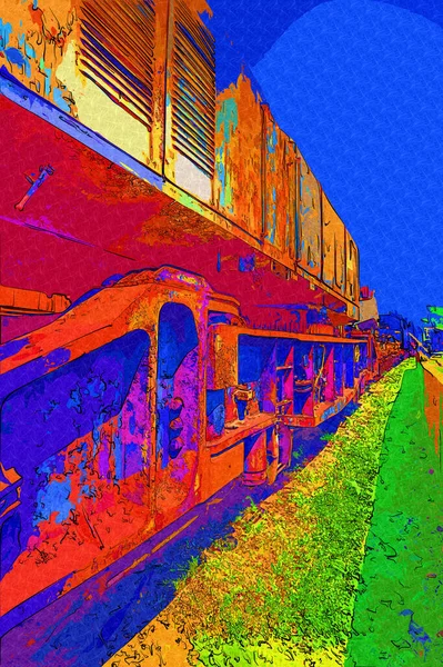 Velho Vagão Transporte Ferroviário Trem Arte Illust Puxando Esboço Antiguidade — Fotografia de Stock