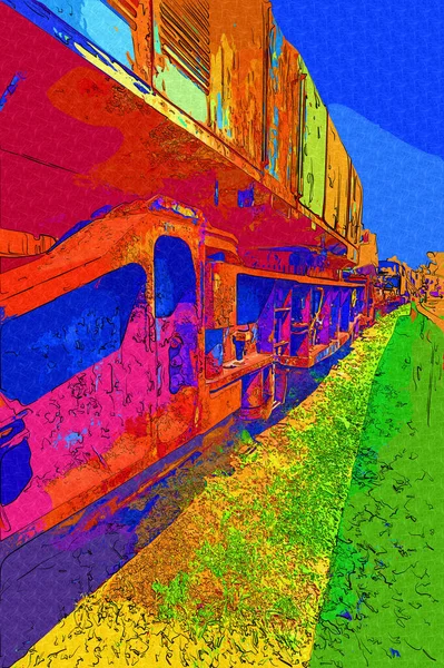 Alter Eisenbahngüterwagen Zug Kunst Illustration Zeichnung Skizze Antik Retro Jahrgang — Stockfoto