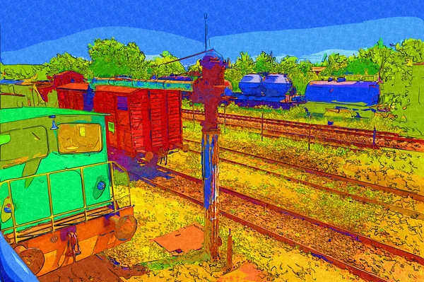 Vecchia Ferrovia Carro Merci Treno Arte Illustrazione Disegno Schizzo Antico — Foto Stock