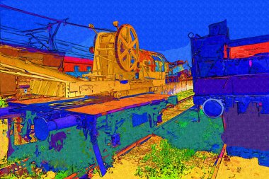 Demiryolu vinci, fotoğrafçılık, paslı, vagon, tren, sanat, illüstrasyon, çizim, eskiz, antika, retro, vintage.