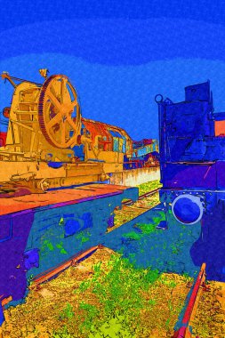 Demiryolu vinci, fotoğrafçılık, paslı, vagon, tren, sanat, illüstrasyon, çizim, eskiz, antika, retro, vintage.