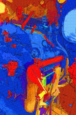 Buhar trenindeki makine odası, fotoğrafçılık, paslı, vagon, sanat, illüstrasyon, çizim, çizim, eskiz, antika, retro, vintage.